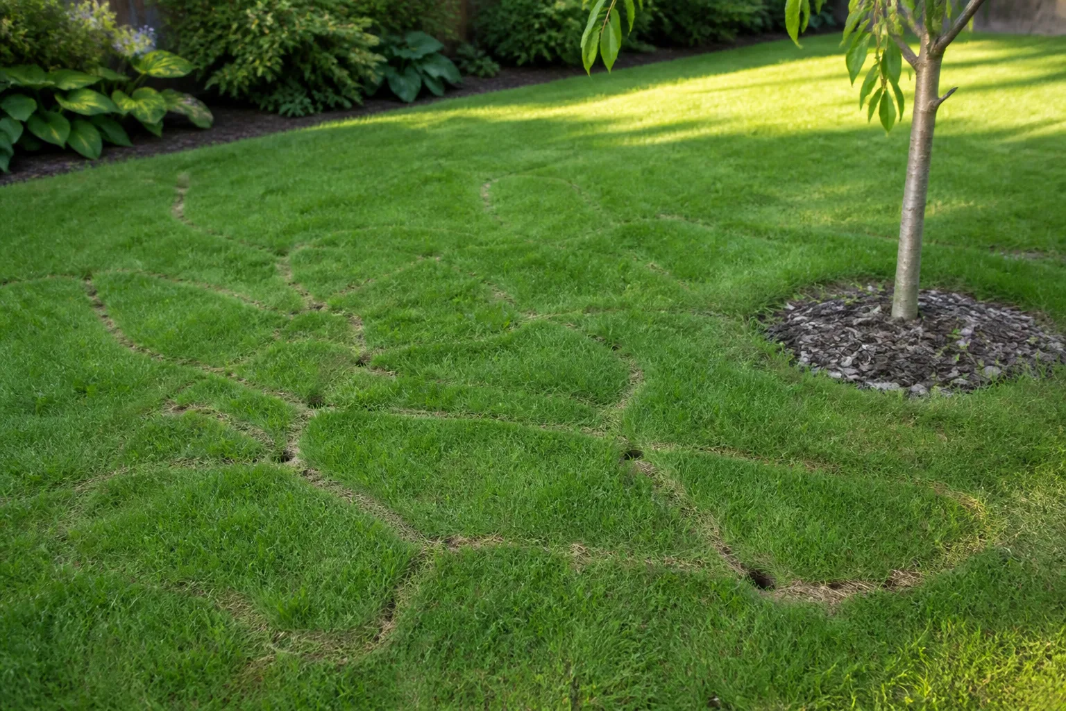 Backyard lawn showing interlacing vole surface runways trampled through grass near a young tree
