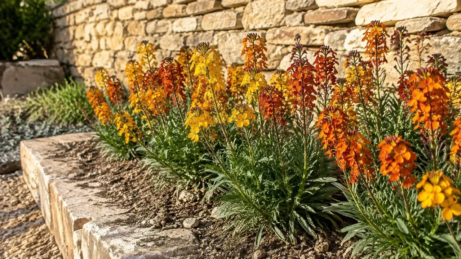 Healthy wallflowers growing in a sunny, sharply drained raised border beside a stone wall