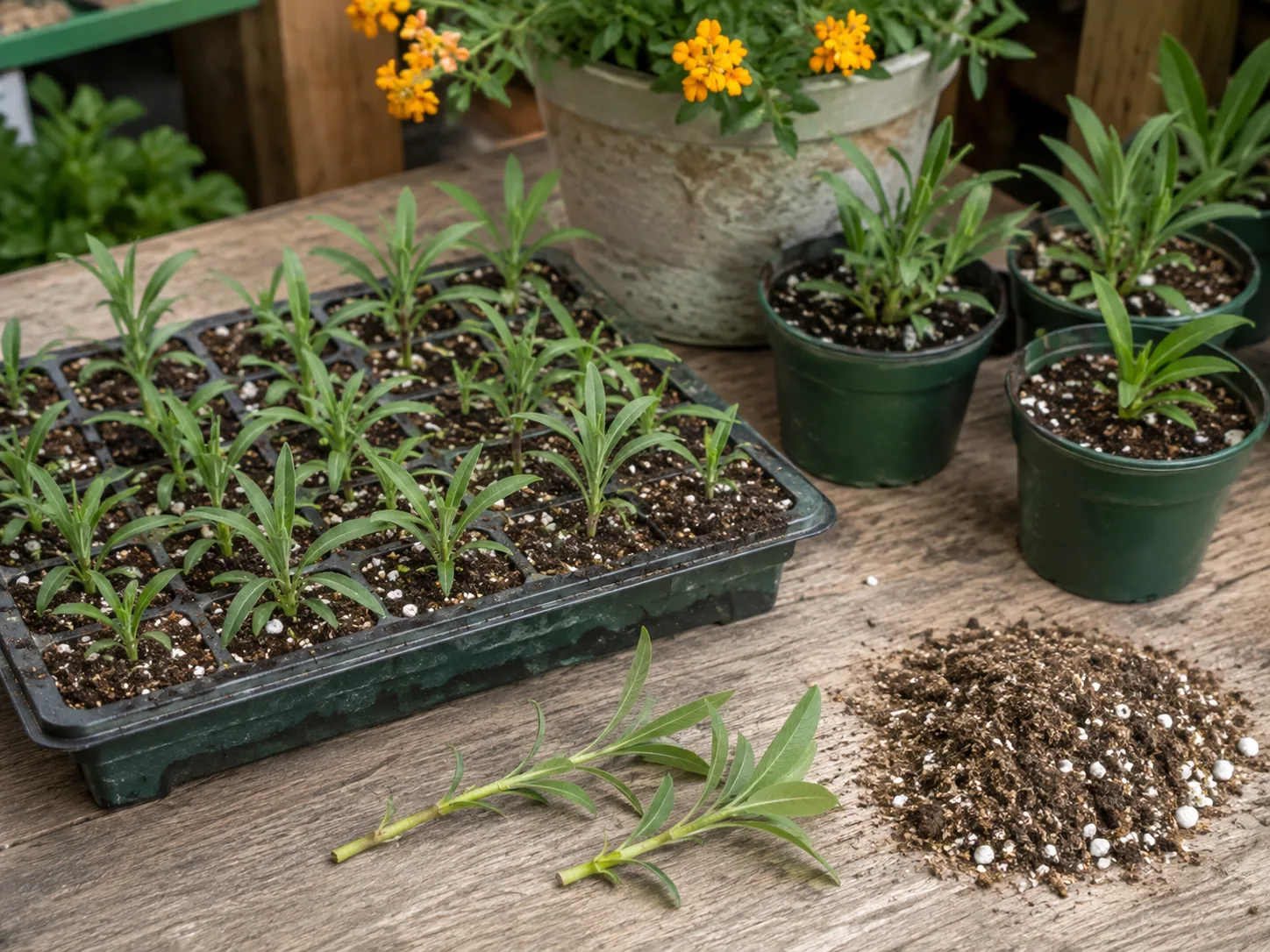 Wallflower seedlings and cuttings in a gritty seed-starting setup
