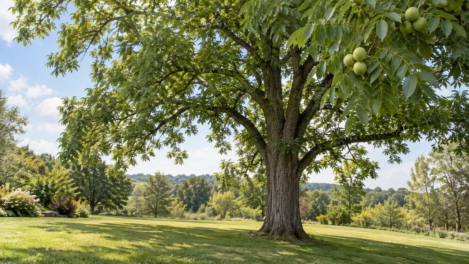 Mature black walnut with a broad canopy and green husked fruit in a North American landscape