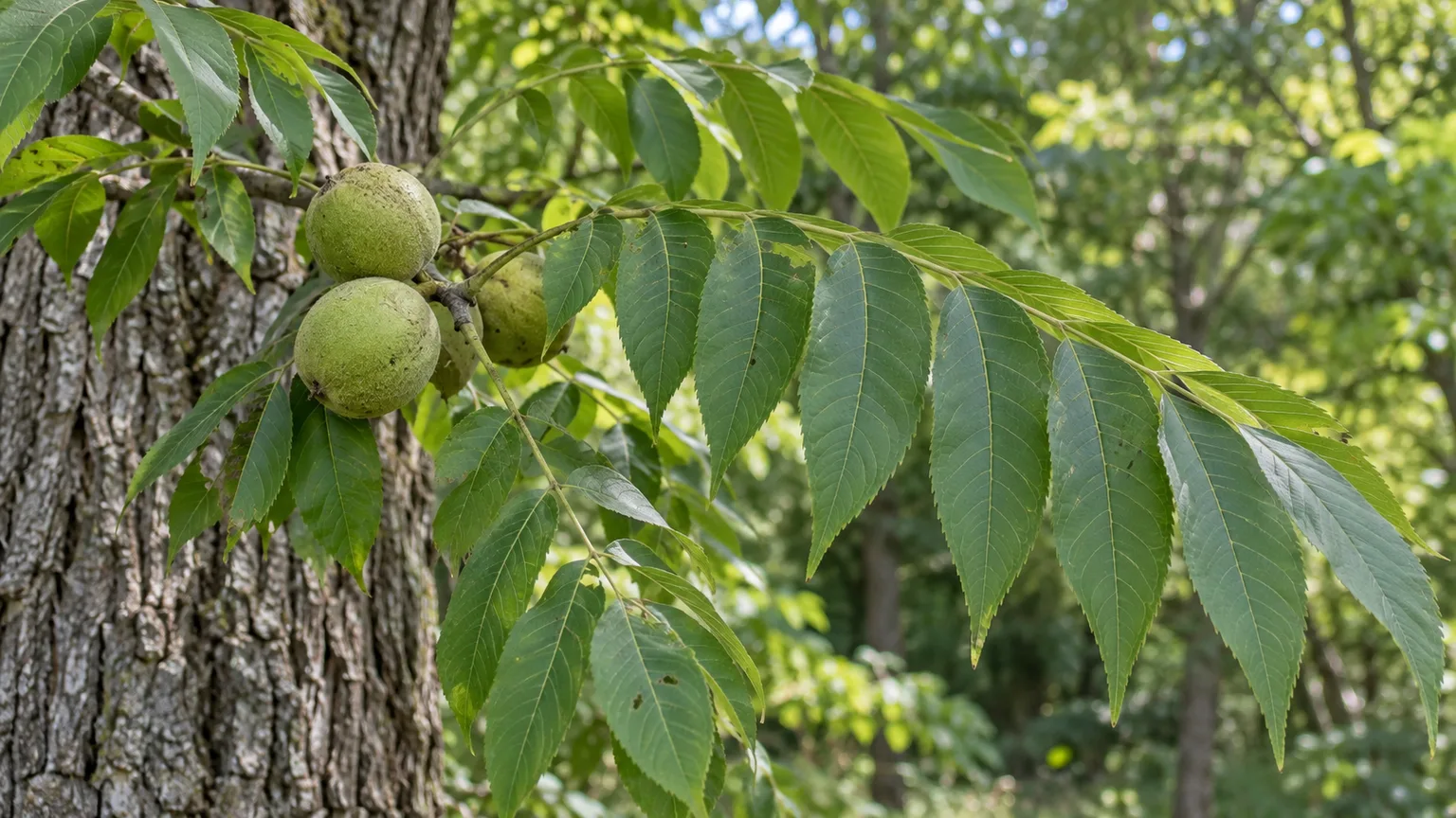 Pinnate leaves and green husked fruit on a black walnut branch