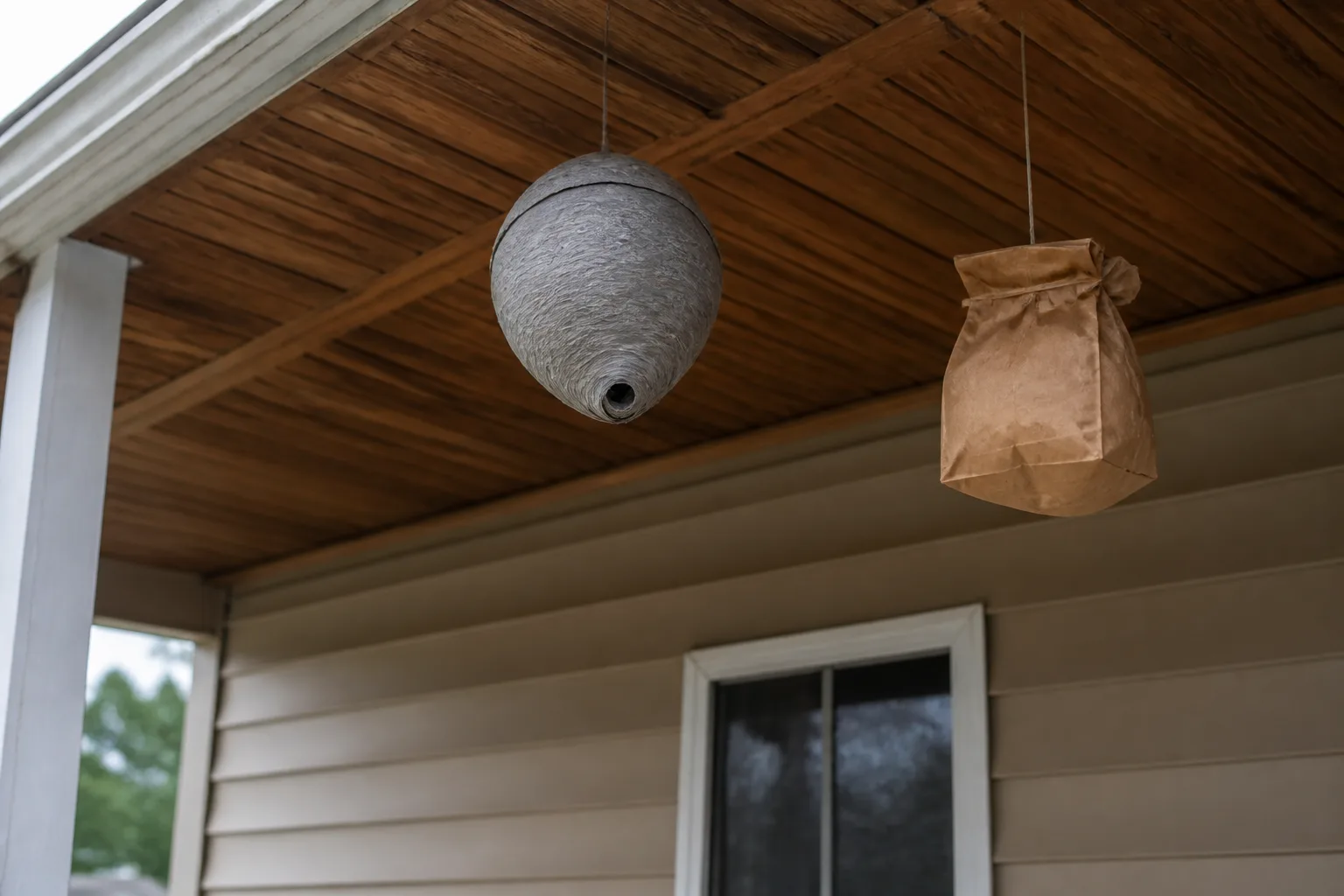 Gray decoy wasp nest and brown paper-bag nest hanging under a porch roof