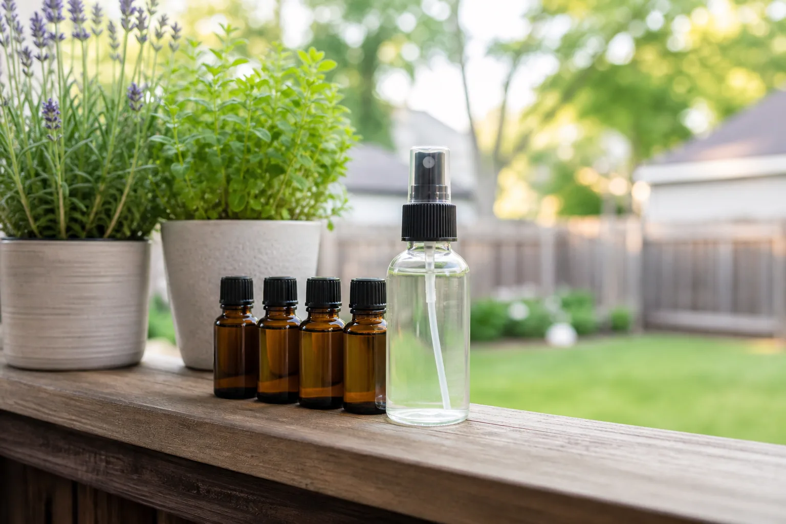Amber essential oil bottles and a spray bottle on a wooden porch railing beside potted herbs