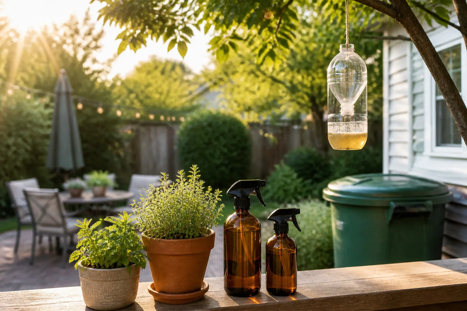 Suburban patio with sealed trash bins, potted mint herbs, and prevention tools arranged at the yard edge away from outdoor seating