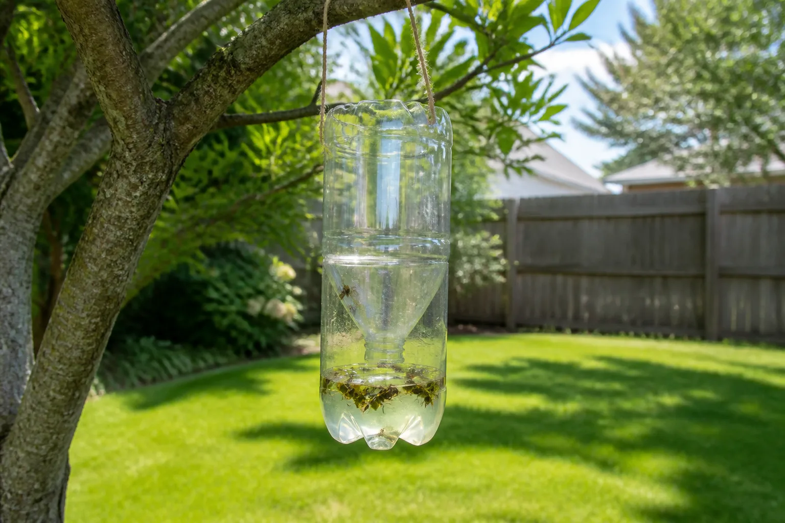 Homemade plastic soda bottle wasp trap hanging from a tree branch at the edge of a suburban yard