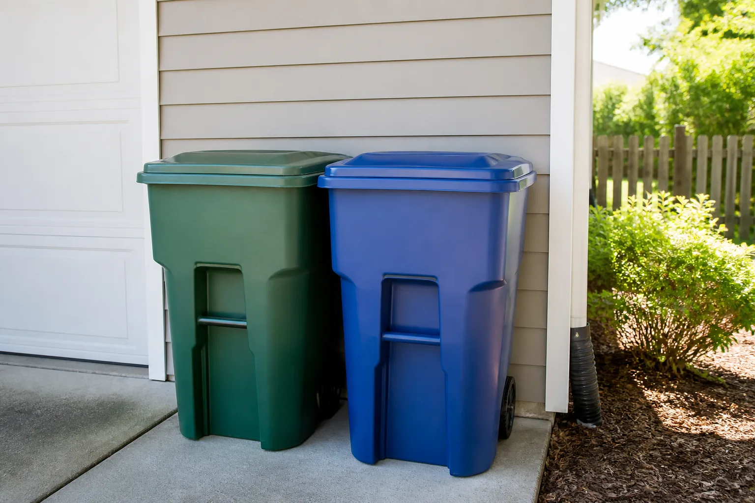 Outdoor garbage and recycling bins with tight-fitting lids beside a suburban garage