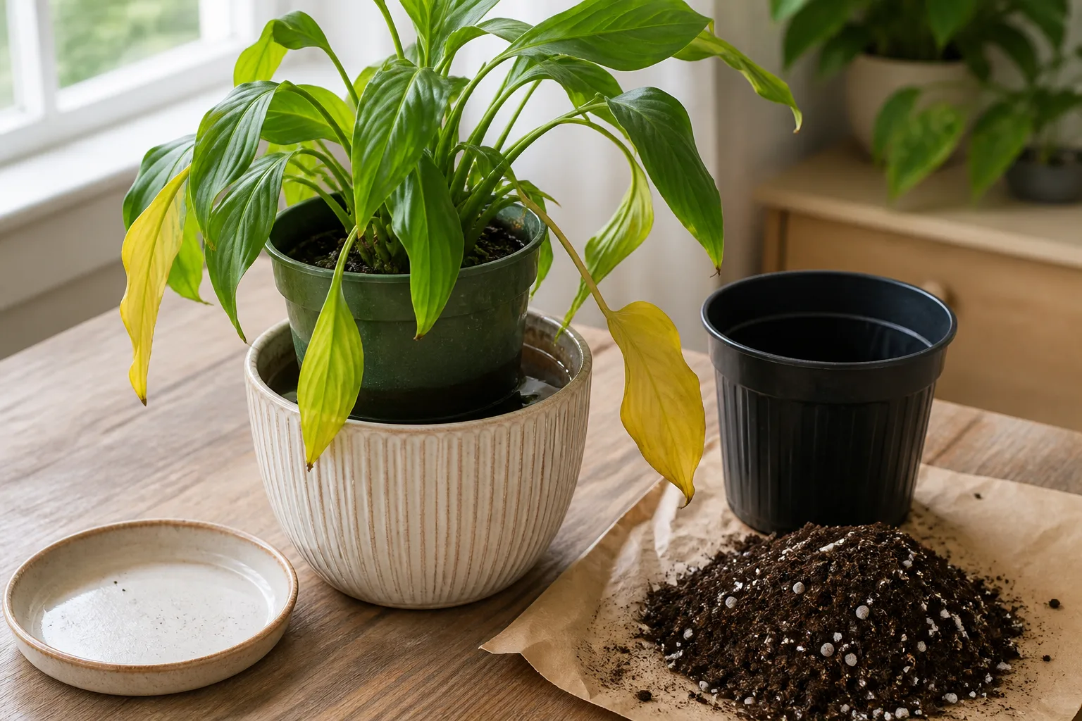 Houseplant in wet mix illustrating wet-side water stress and the need to stop watering