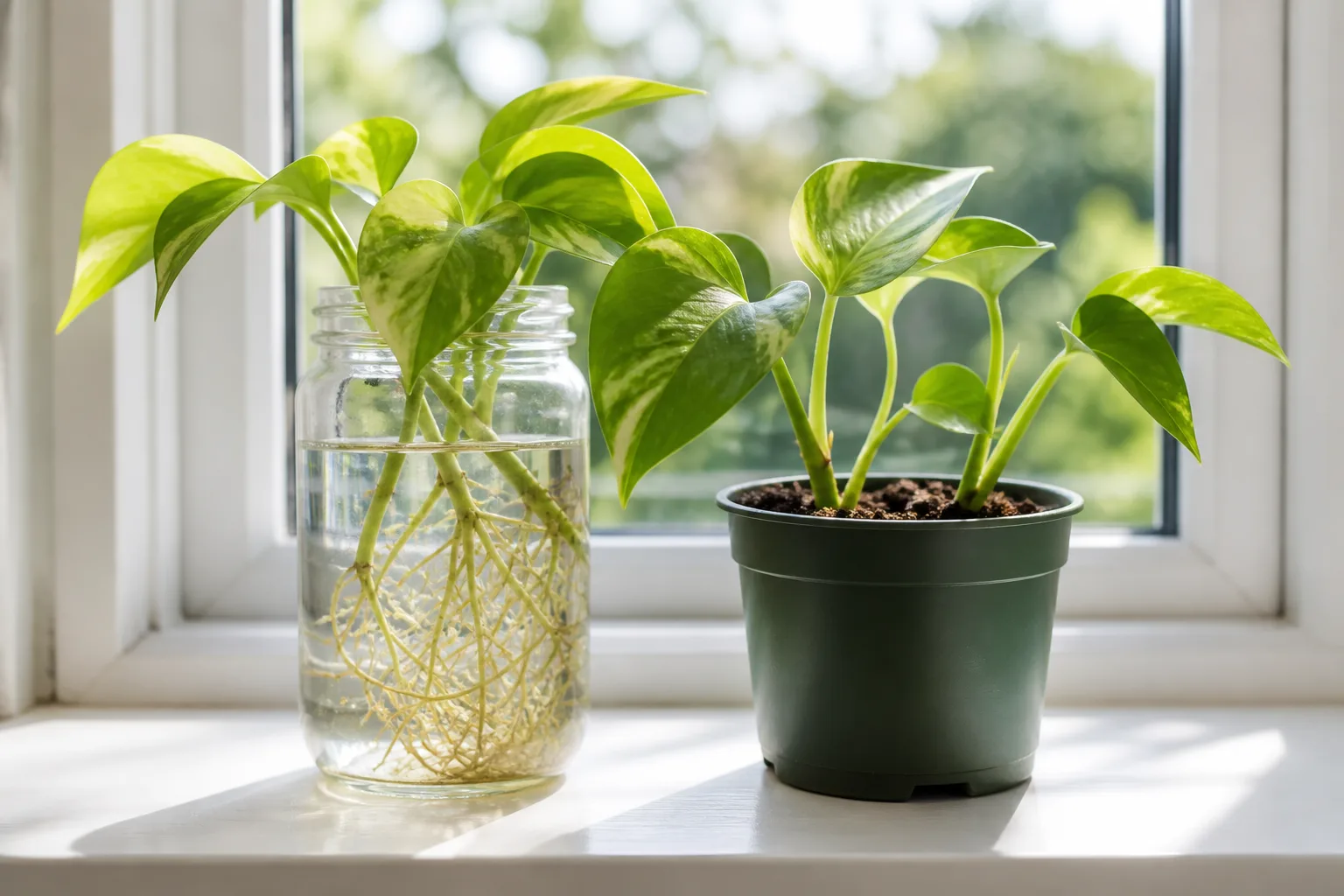 Pothos cuttings rooting in a clear jar beside cuttings planted in a small soil pot
