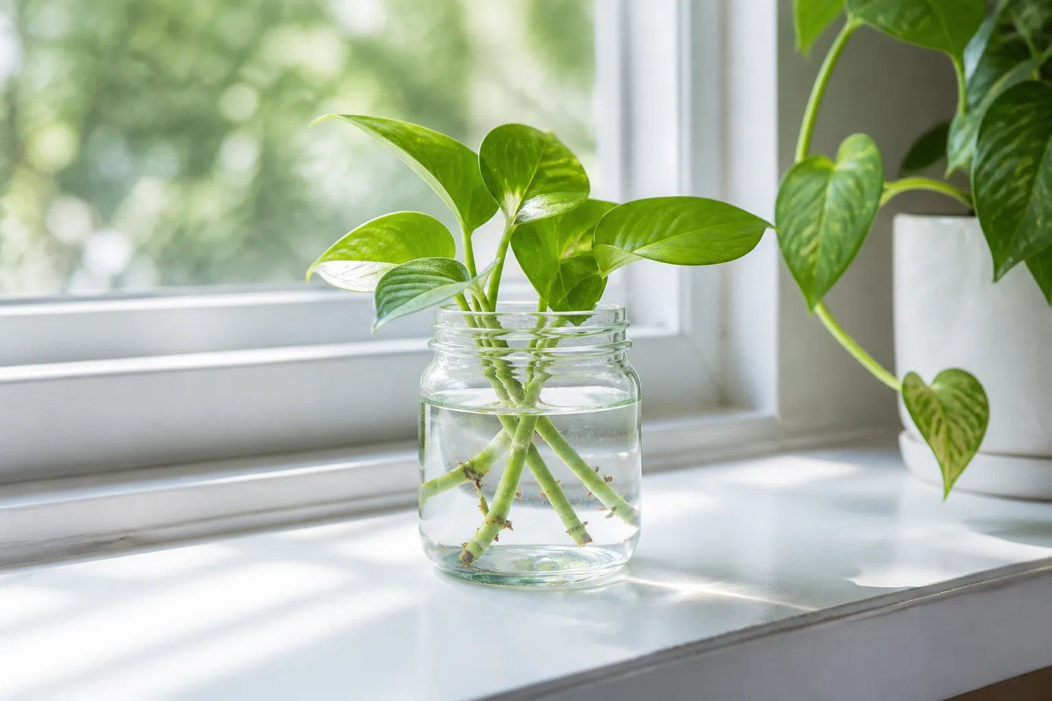 Clean glass propagation jar with clear water and healthy stem cuttings