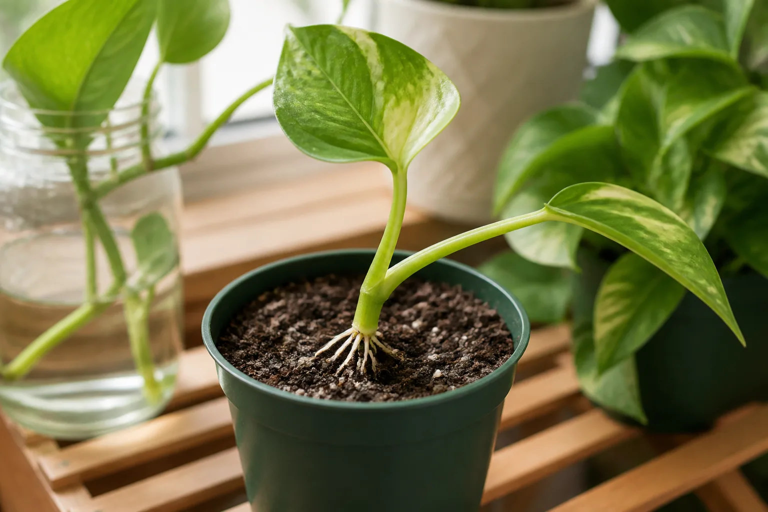 Water-rooted cutting freshly planted into moist potting mix in a small pot