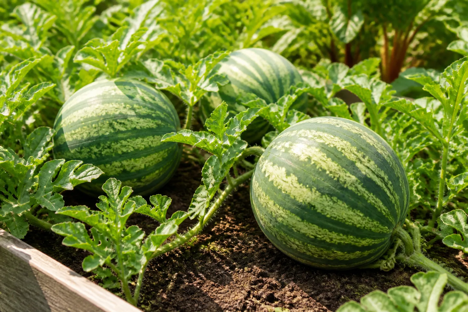 Ripe striped watermelons growing on healthy vines in a sunny home vegetable garden
