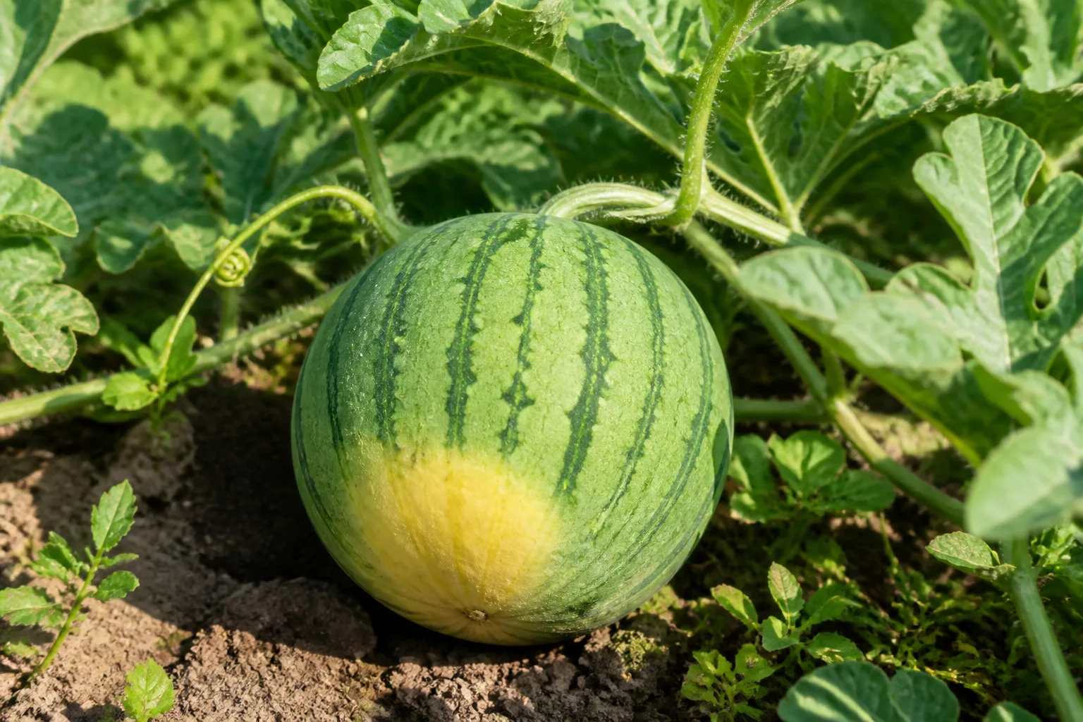 Developing watermelon on the vine showing a yellow ground spot and a drying tendril near the fruit stem