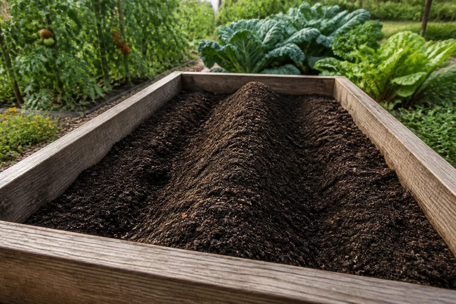 Compost-amended raised garden bed mounded and ready for warm-season vegetable planting
