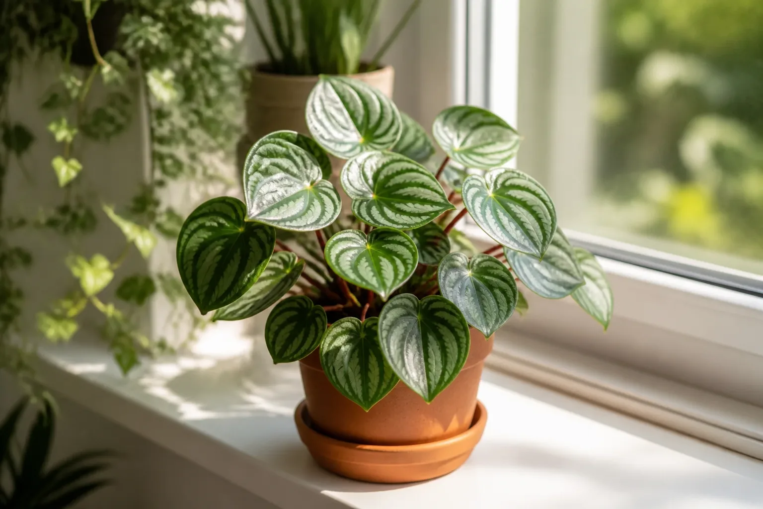 Healthy watermelon peperomia with silver-striped round leaves and red stems in a small pot on a bright windowsill