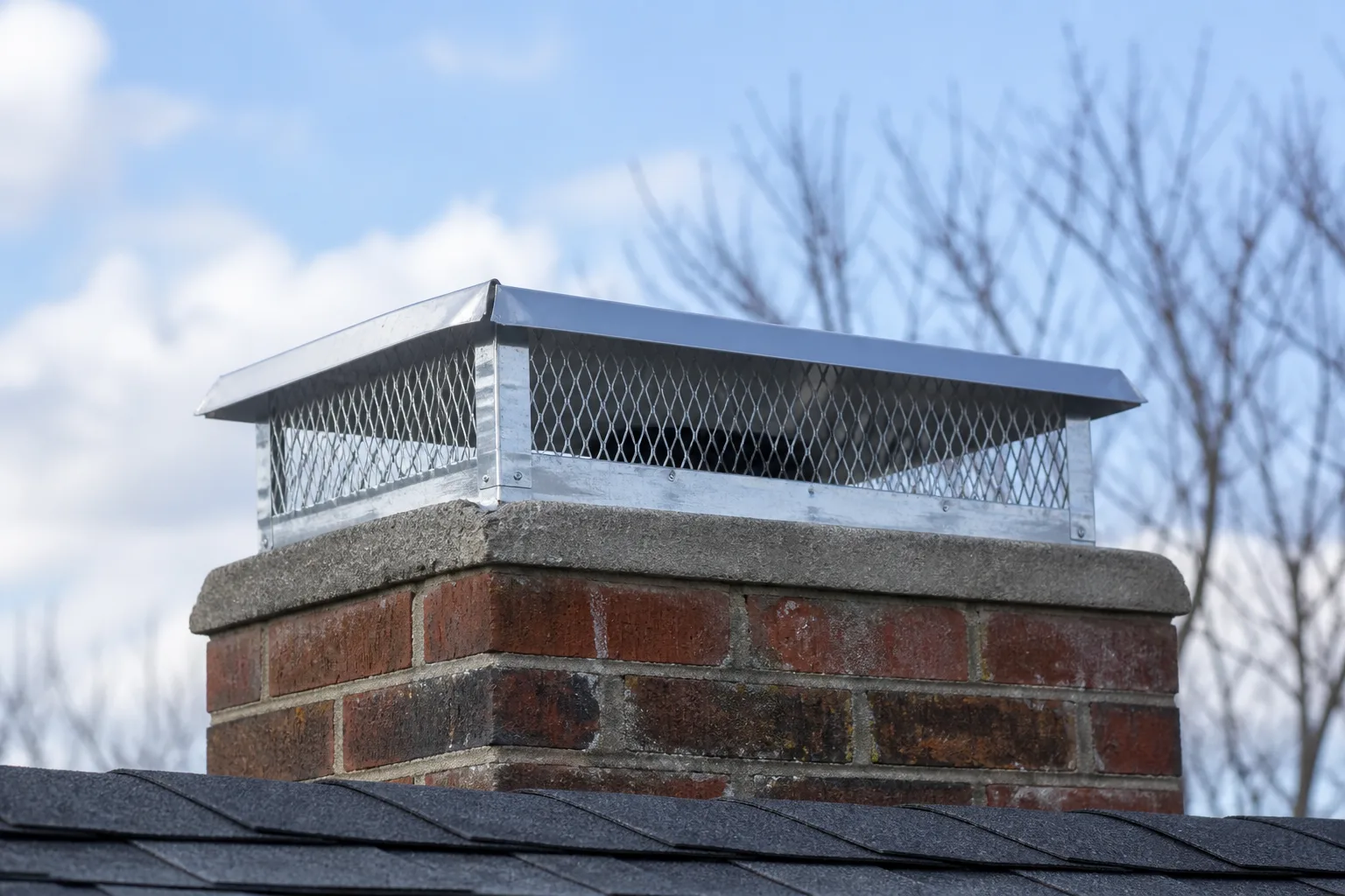 Galvanized metal chimney cap with fine mesh screening on a brick chimney
