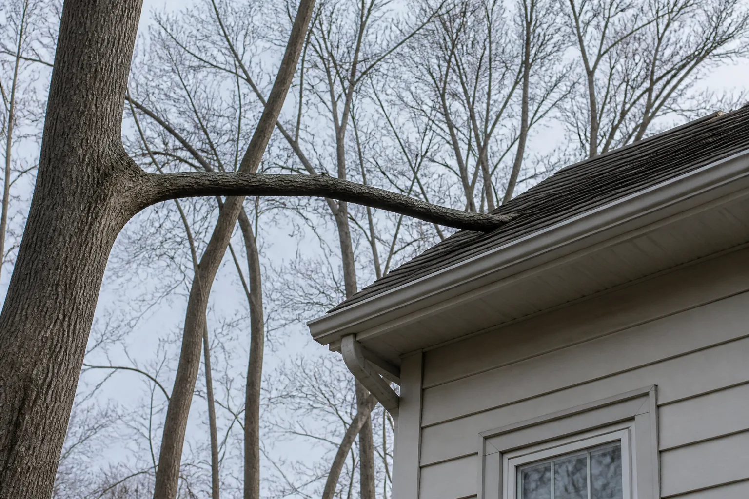 Tree branch extending close to a suburban house roofline in winter