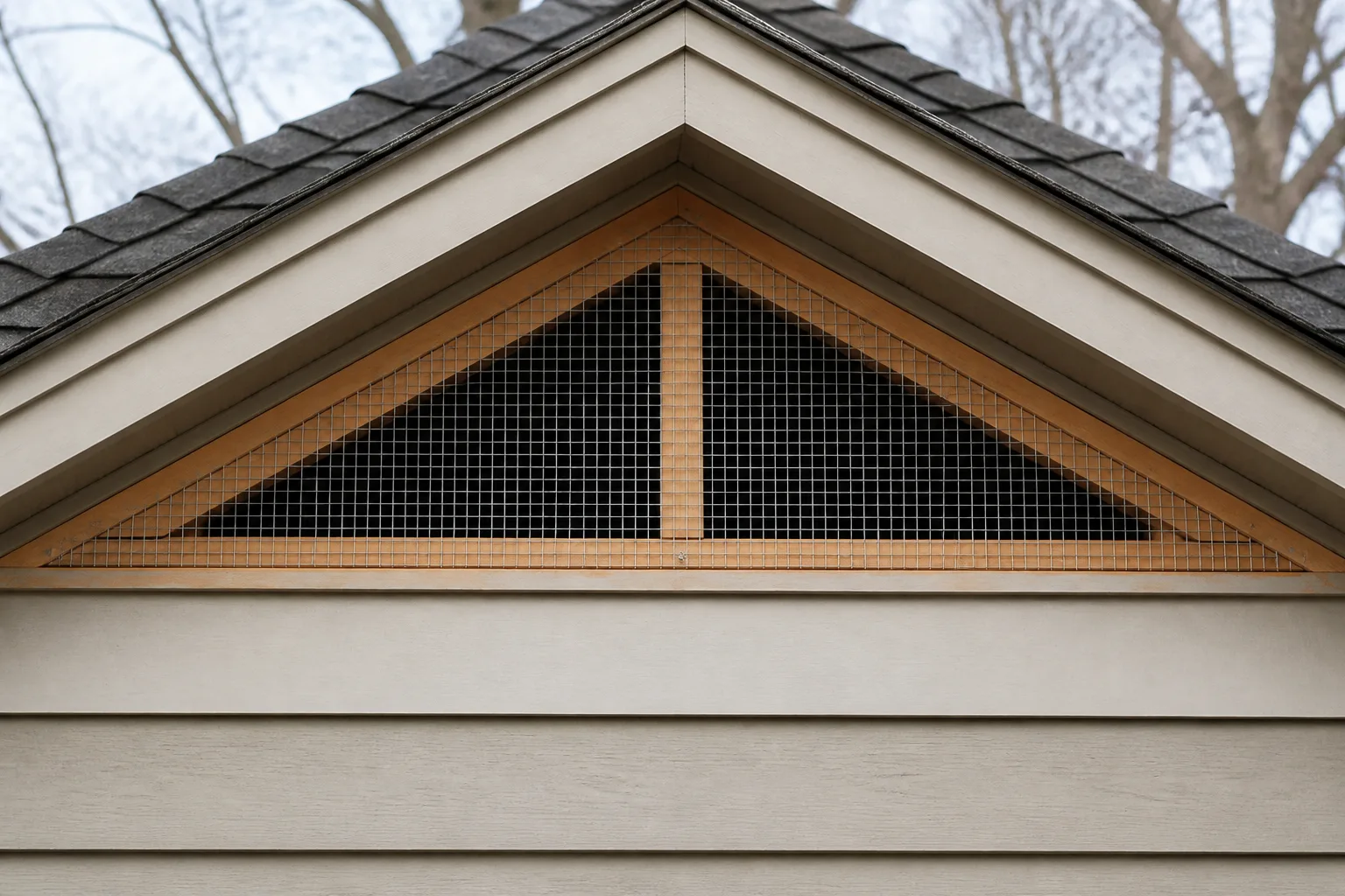 Attic gable vent covered with quarter-inch galvanized hardware cloth on a suburban roofline