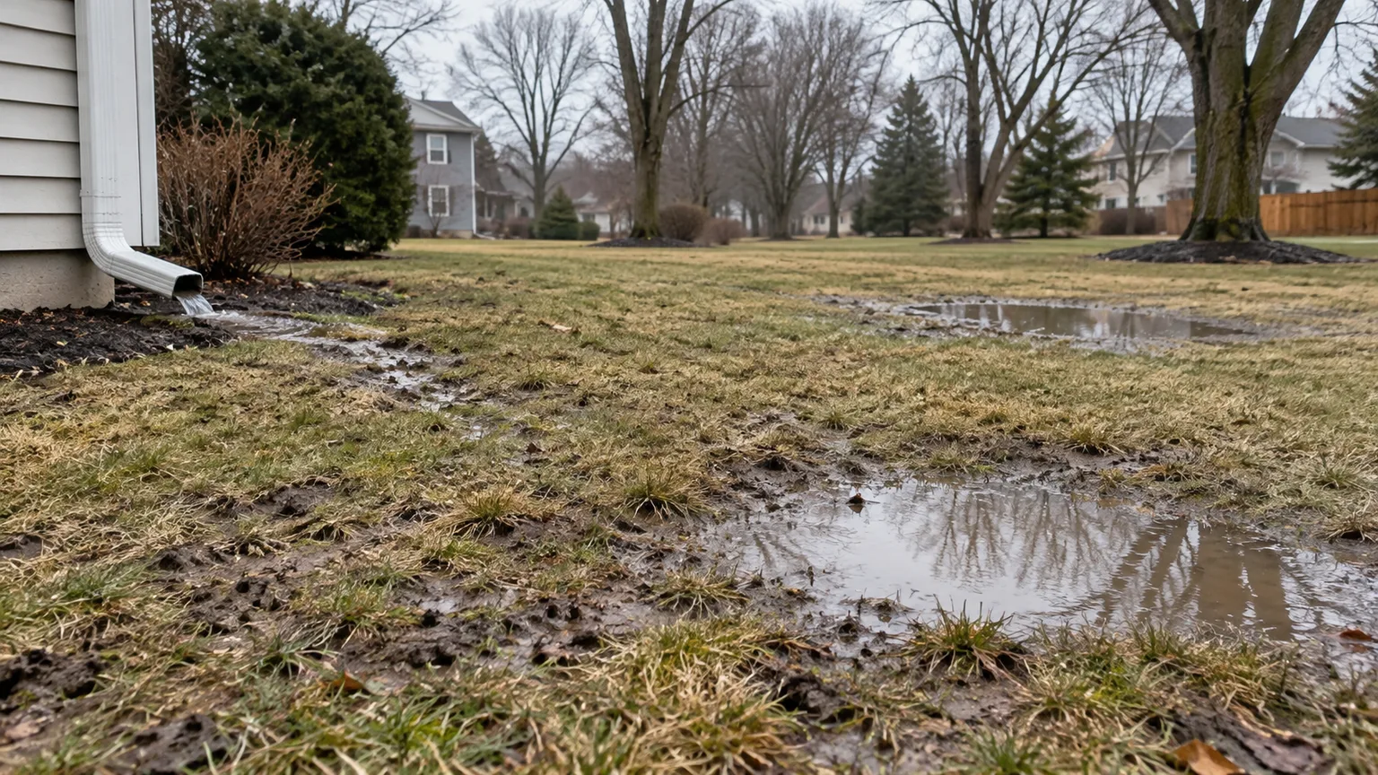 A rain-darkened winter lawn with muddy low spots and a downspout directing runoff toward the grass