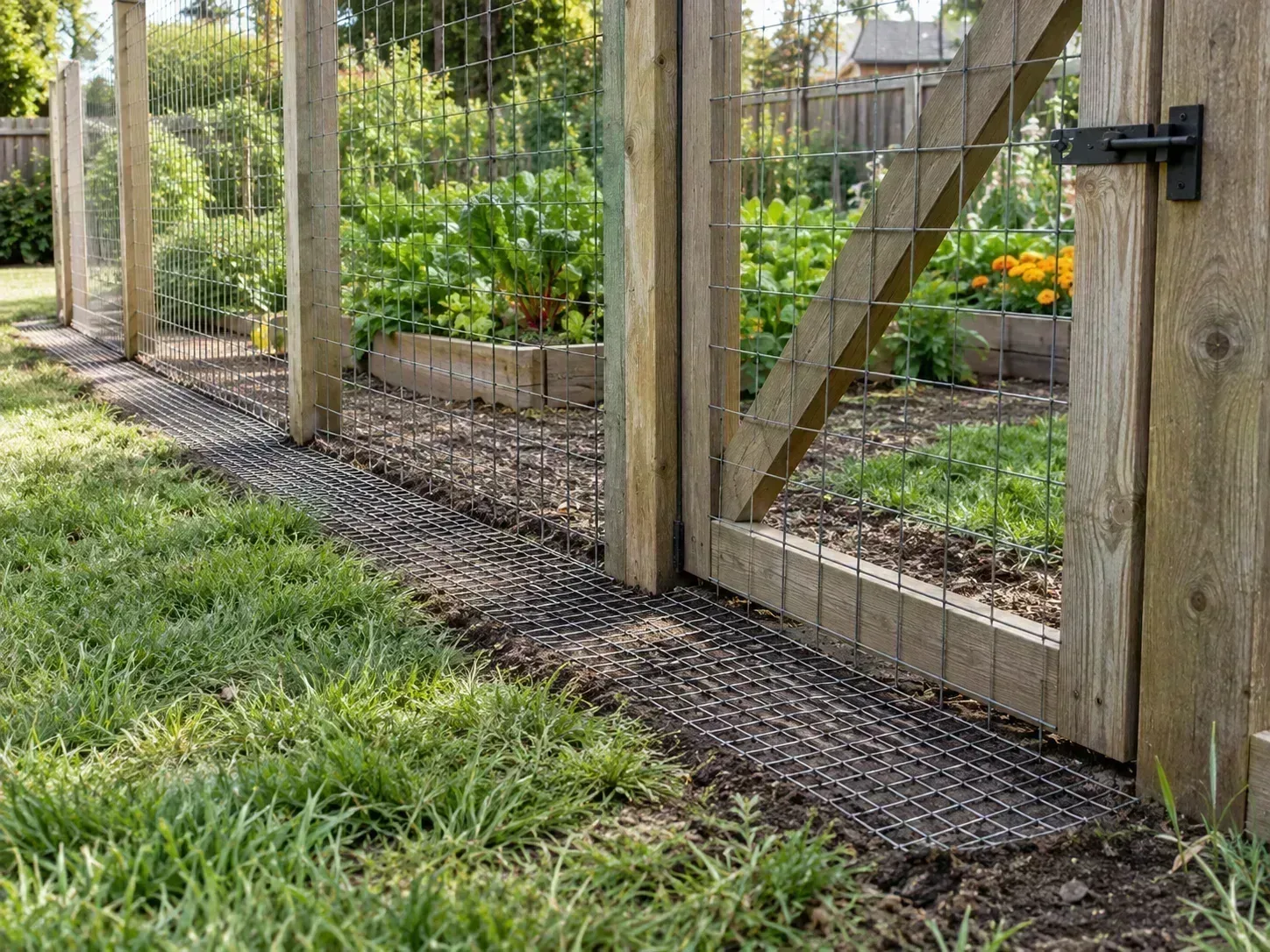 A welded-wire garden fence with a ground-level mesh apron and secure gate threshold
