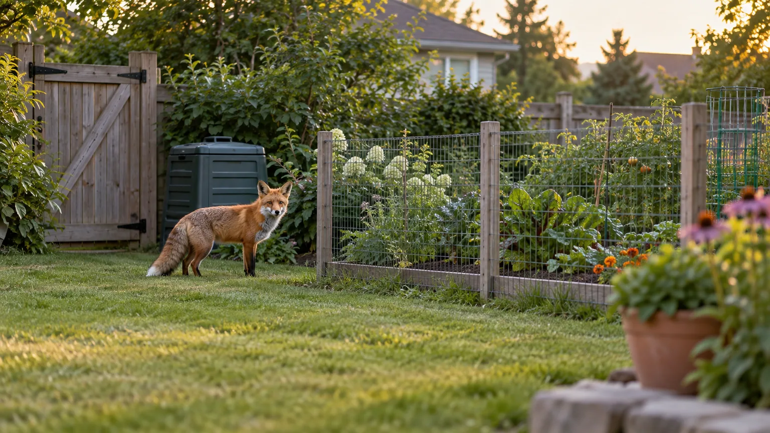 Red fox at the edge of a fenced suburban vegetable garden