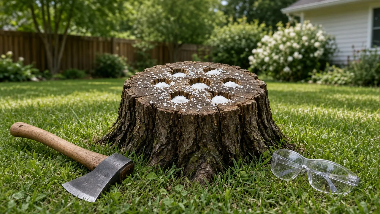 Cut tree stump with digging tools in a residential lawn