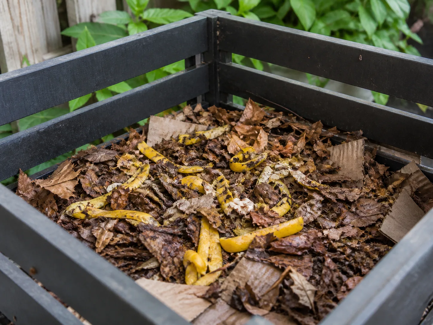 Chopped lemon peel strips mixed with dry leaves and plain cardboard in an outdoor compost bin
