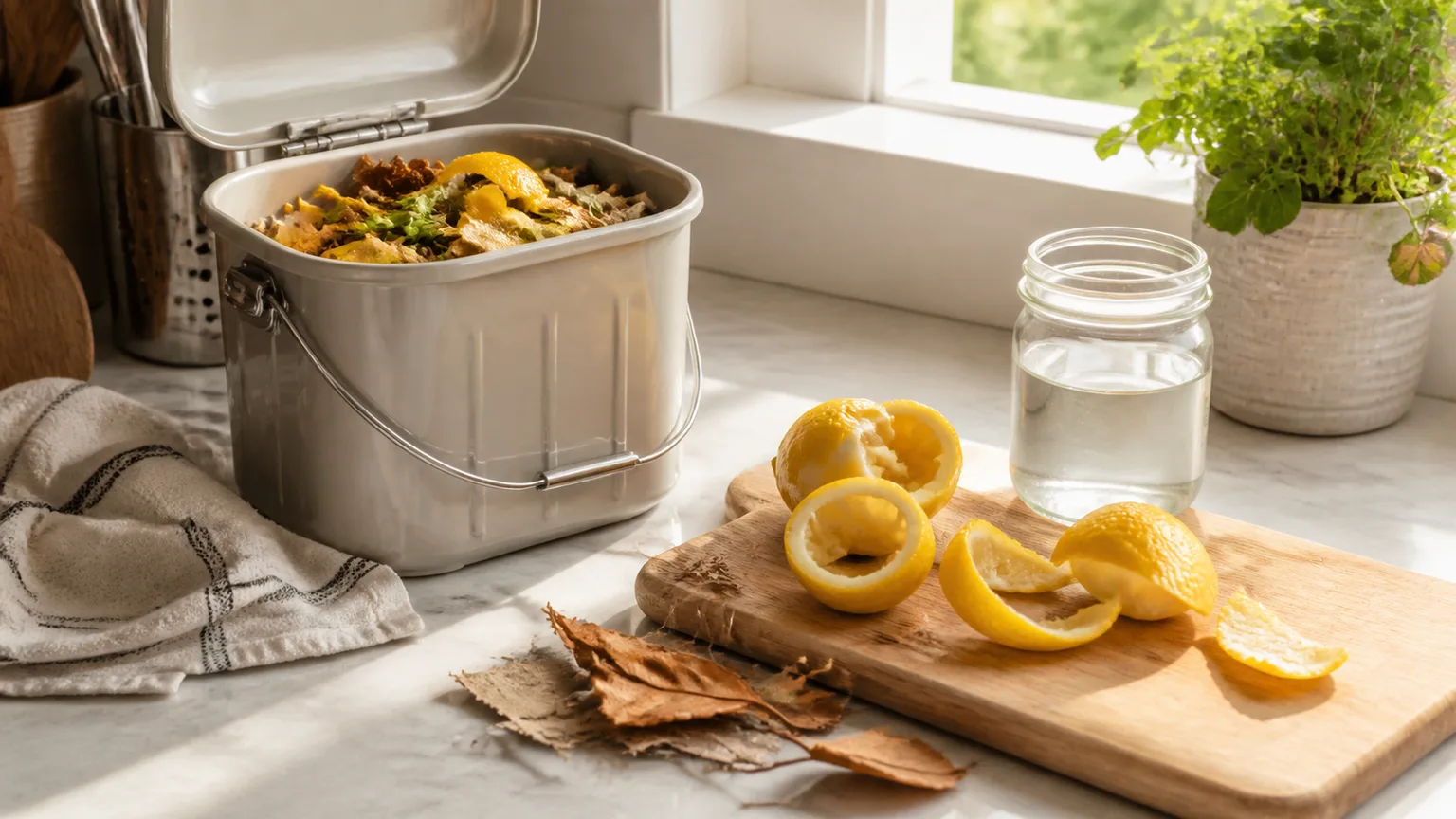 Lemon peels beside a kitchen compost caddy and vinegar jar in a sunny kitchen