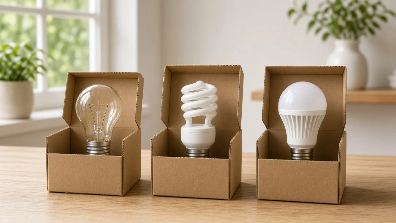 Used household light bulbs sorted by type into boxes for recycling