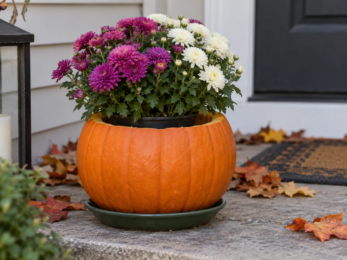 A potted fall mum nested in a hollow pumpkin shell as a temporary porch cachepot.