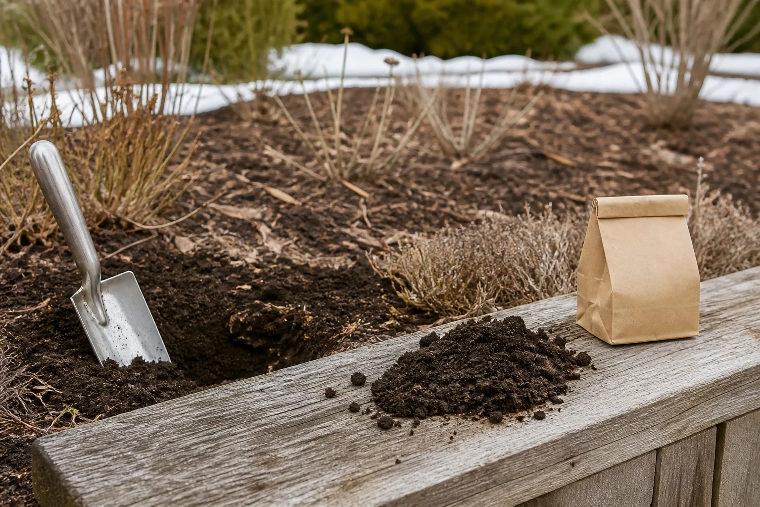Soil sample bag and trowel beside a garden bed during late-winter soil testing