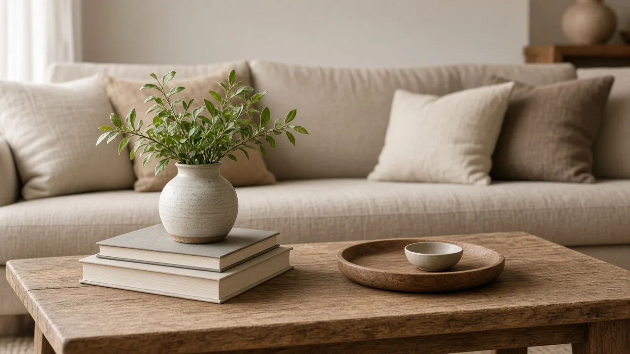 Styled coffee table with layered books, a ceramic vase, and a wood bowl in a warm living room
