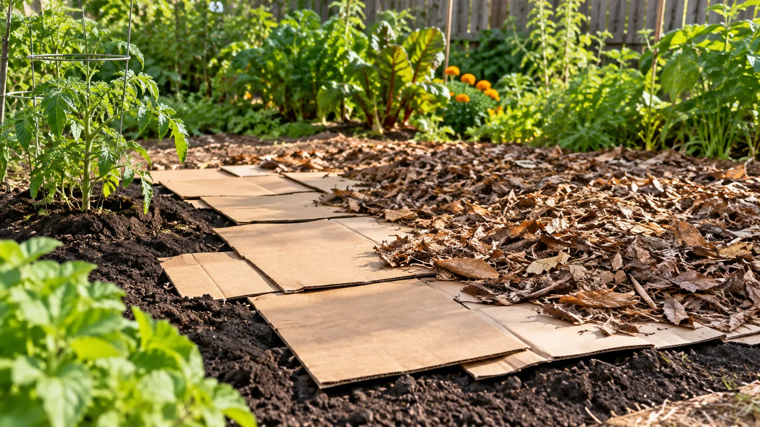 Overlapping brown cardboard sheets covered with shredded leaves in a summer vegetable garden