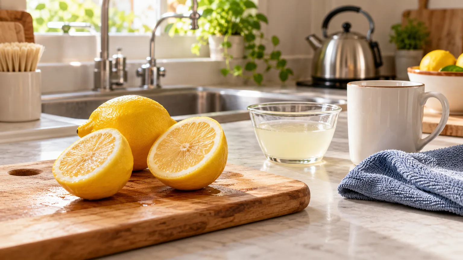 Fresh lemons, diluted lemon juice, and a clean cloth on a kitchen counter