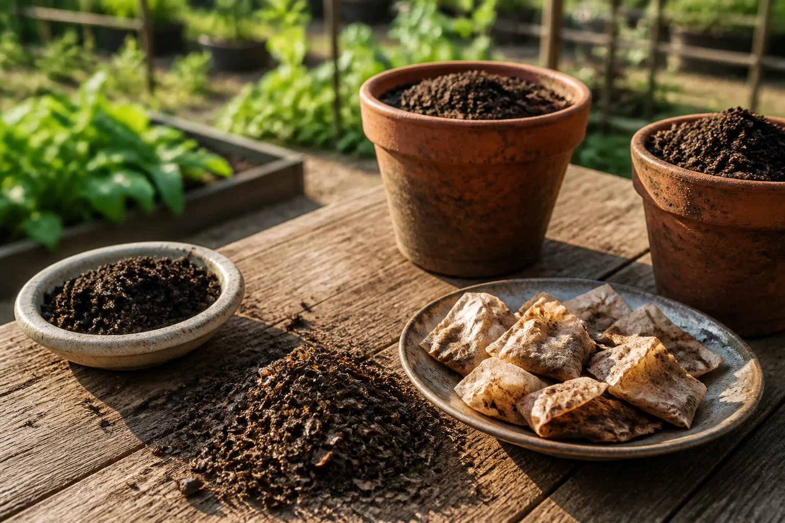 Used tea leaves and spent tea bags on a potting bench beside compost and terracotta pots with a garden bed in the background