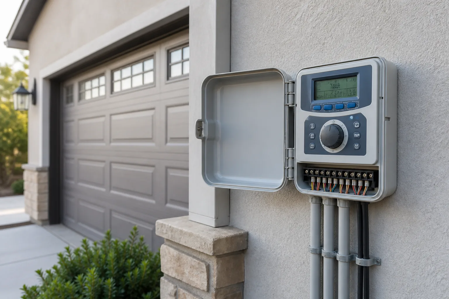 Wall-mounted residential irrigation controller beside a garage door with labeled zone wires and a digital schedule display