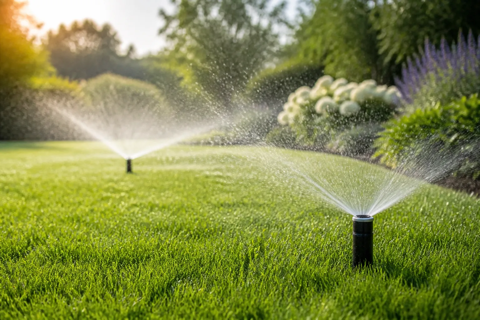 Pop-up lawn sprinklers watering healthy green turf in early morning light with even spray coverage