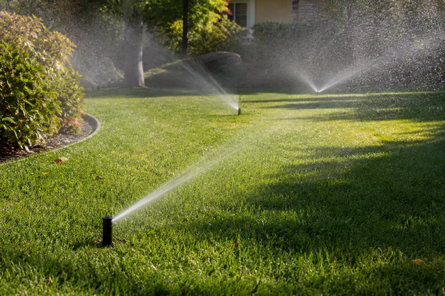 Multiple pop-up sprinkler heads operating in separate lawn zones with sunlit and partially shaded turf sections visible