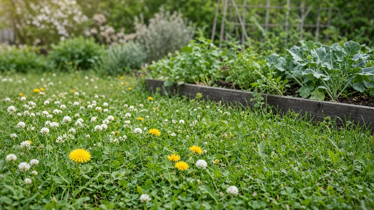 Flowering weeds along a garden edge providing pollinator habitat