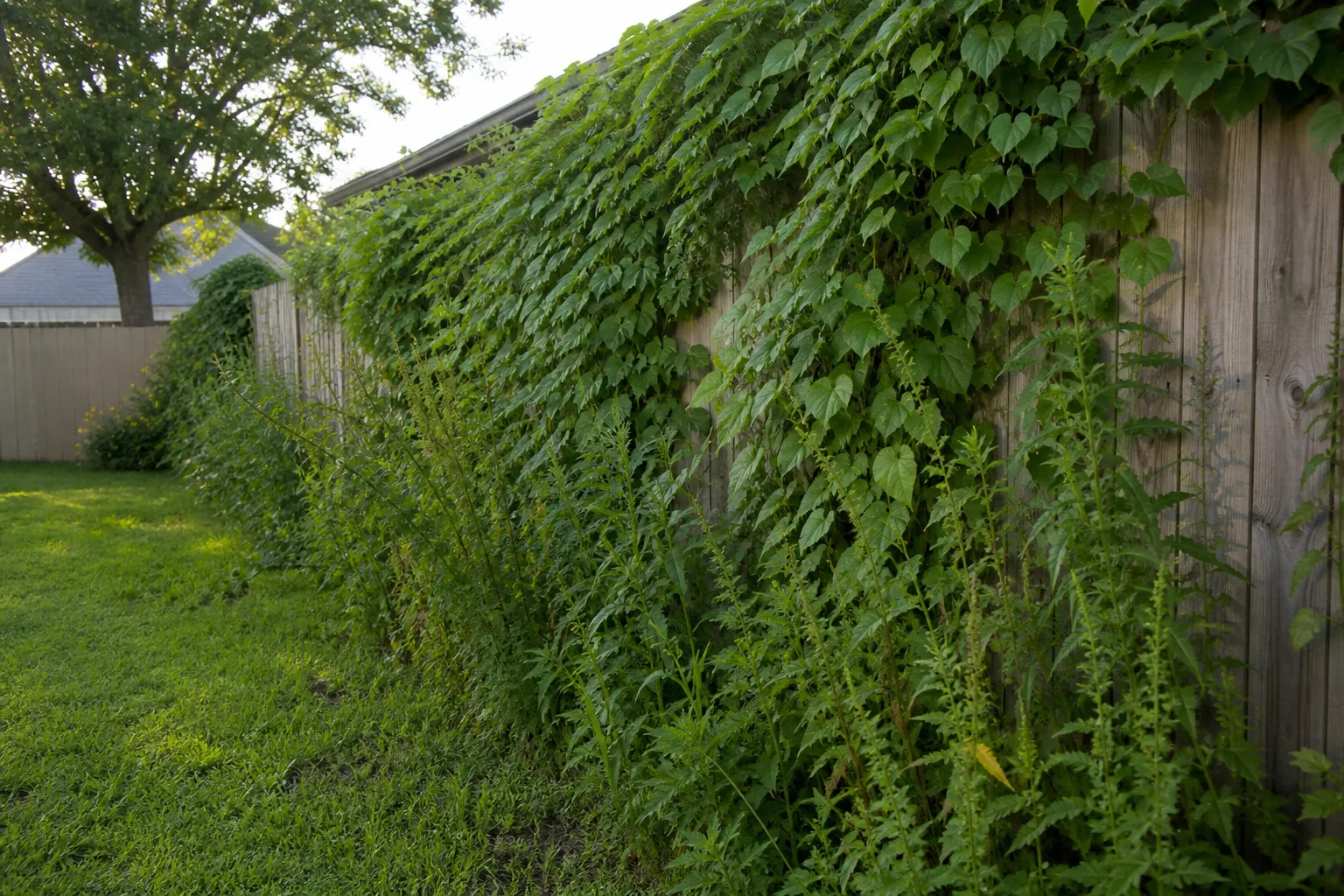 Suburban backyard fence line overgrown with invasive vines and tall weedy growth along the lawn edge