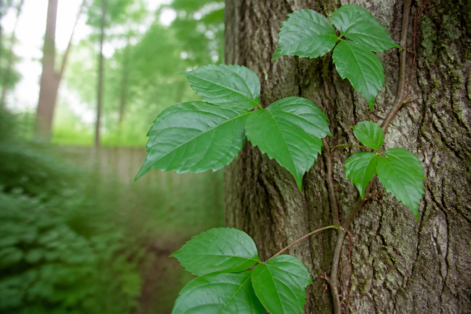 Poison ivy three-leaf vine with hairy stems climbing a tree trunk at a woodland edge