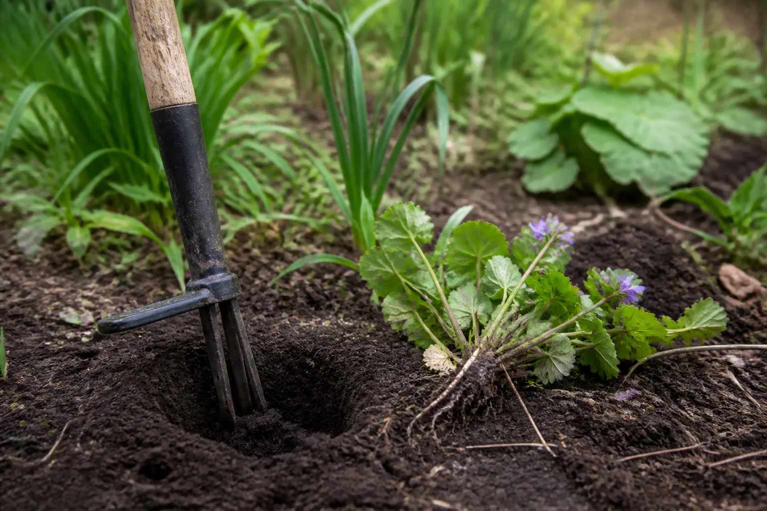 Stand-up weeder beside a garden bed with pulled purple-flowering weed roots on moist soil
