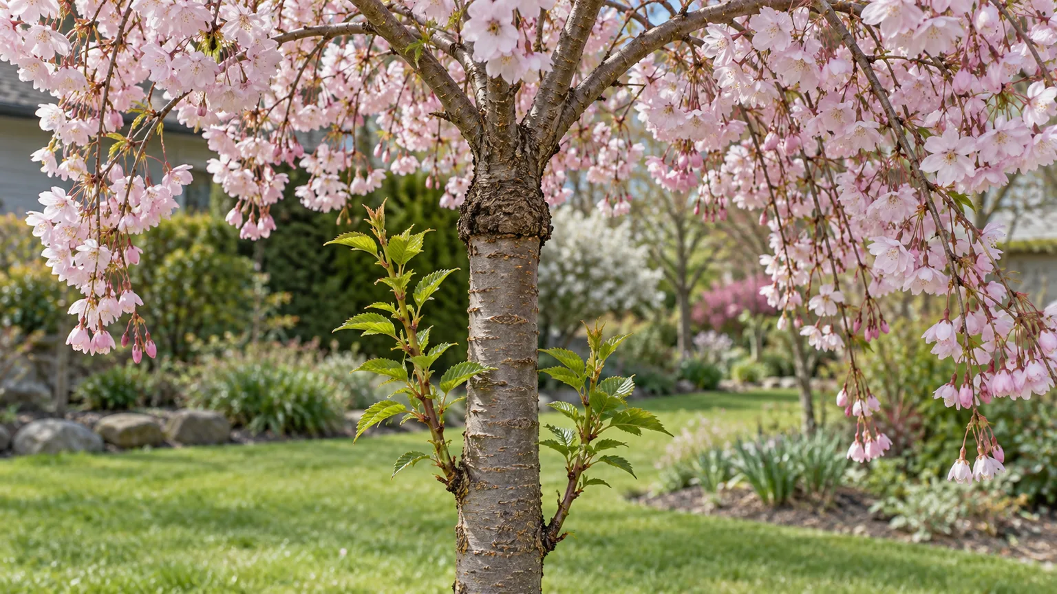 Upright rootstock shoots emerge below the graft union on a flowering weeping cherry