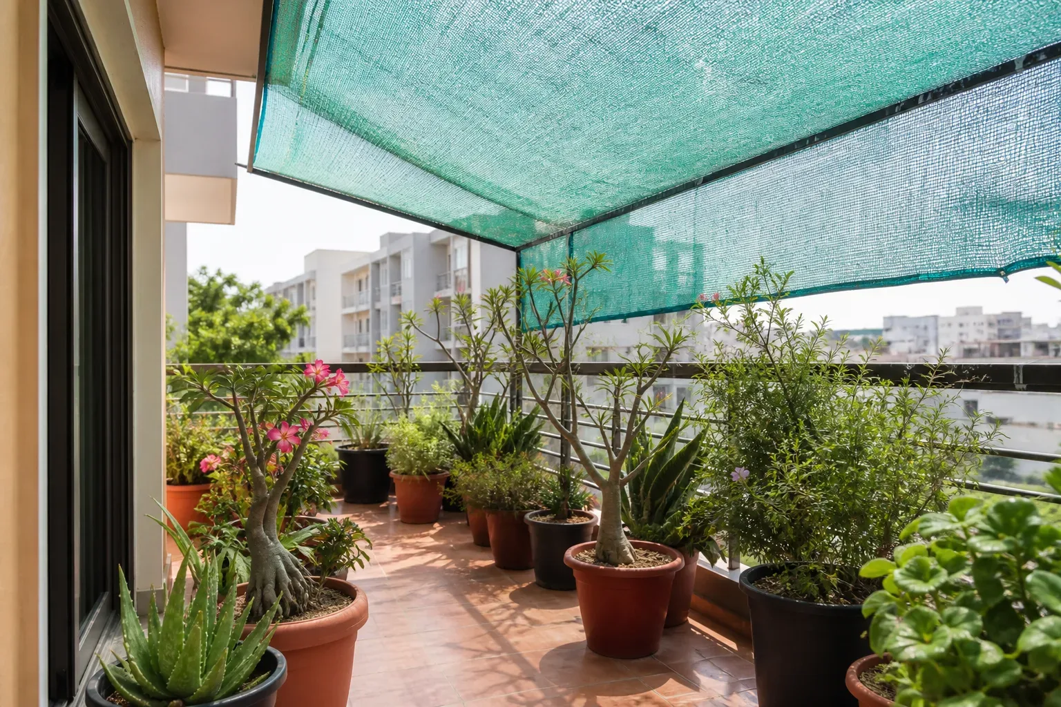 Shade net softening harsh west sun over balcony plant pots