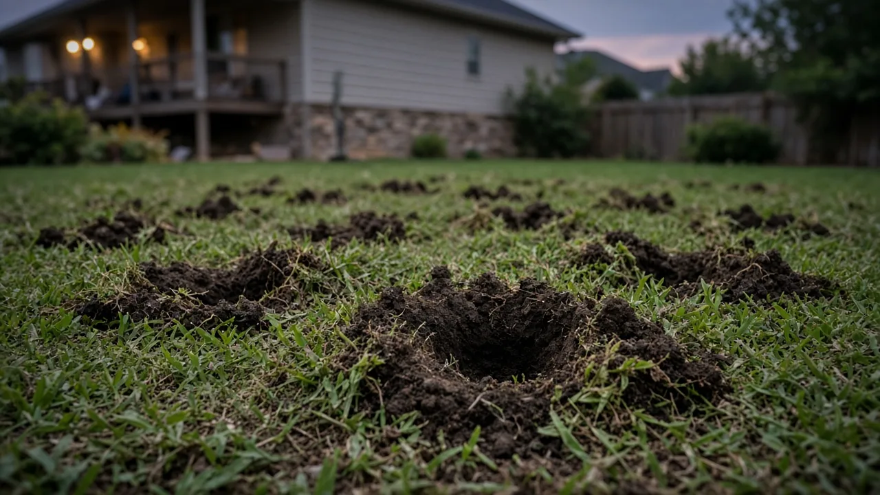 Lawn with raised tunnels and soil mounds showing the clues used to identify a yard digger