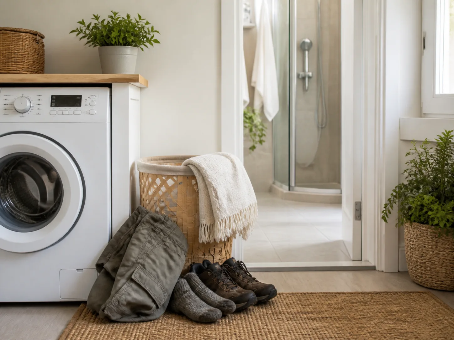 Outdoor clothes, shoes, laundry hamper, and shower setup for handling suspected chigger exposure