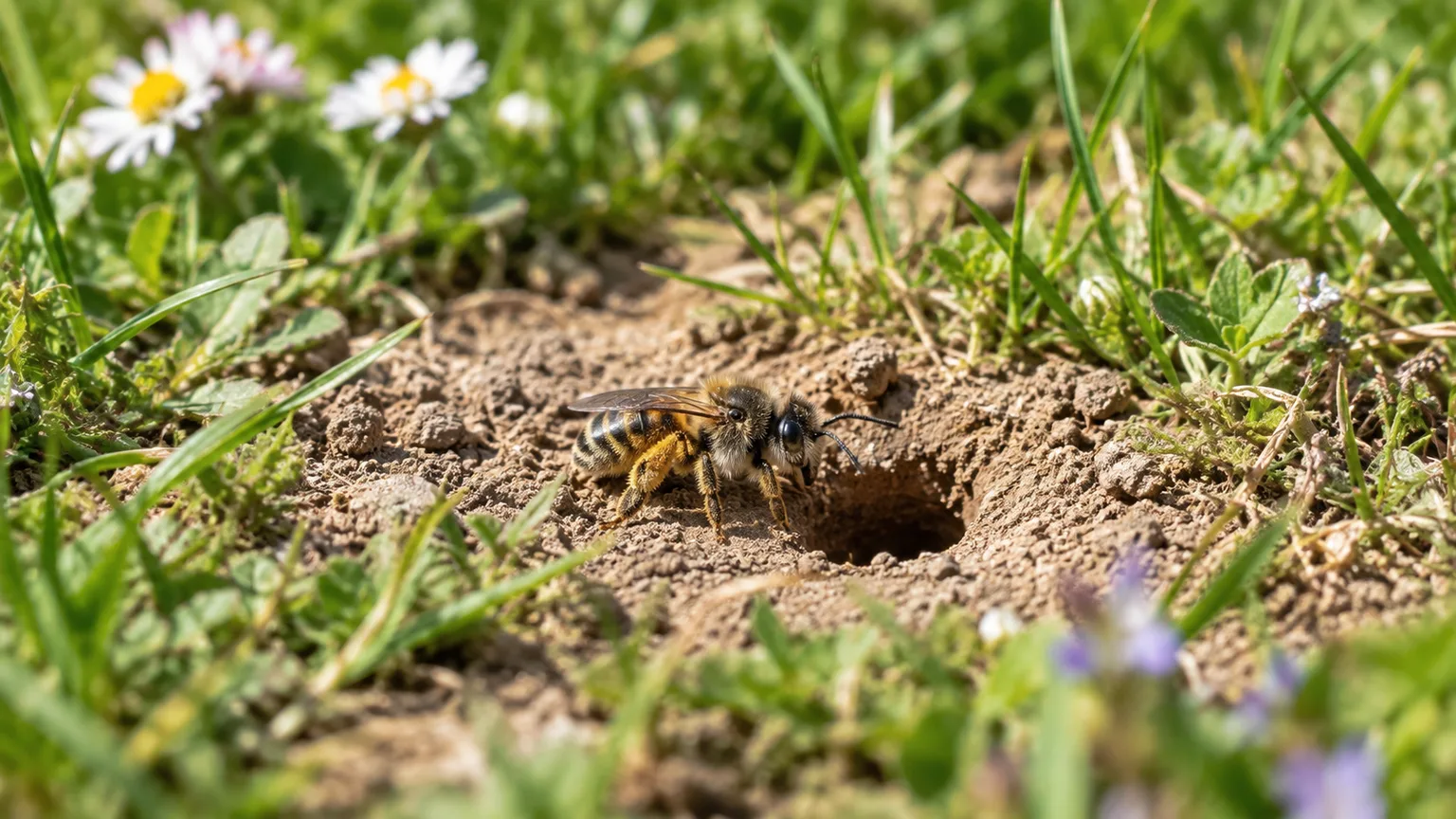 A solitary mining bee at a small burrow opening in a sunny garden
