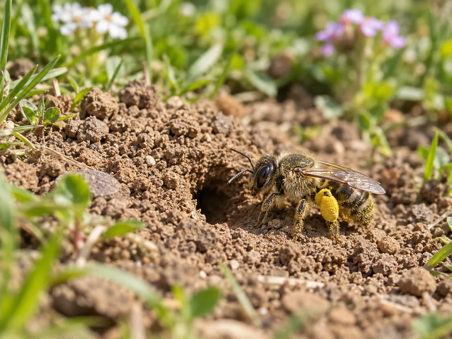 A solitary ground-nesting bee carrying pollen returns to its burrow in loose soil