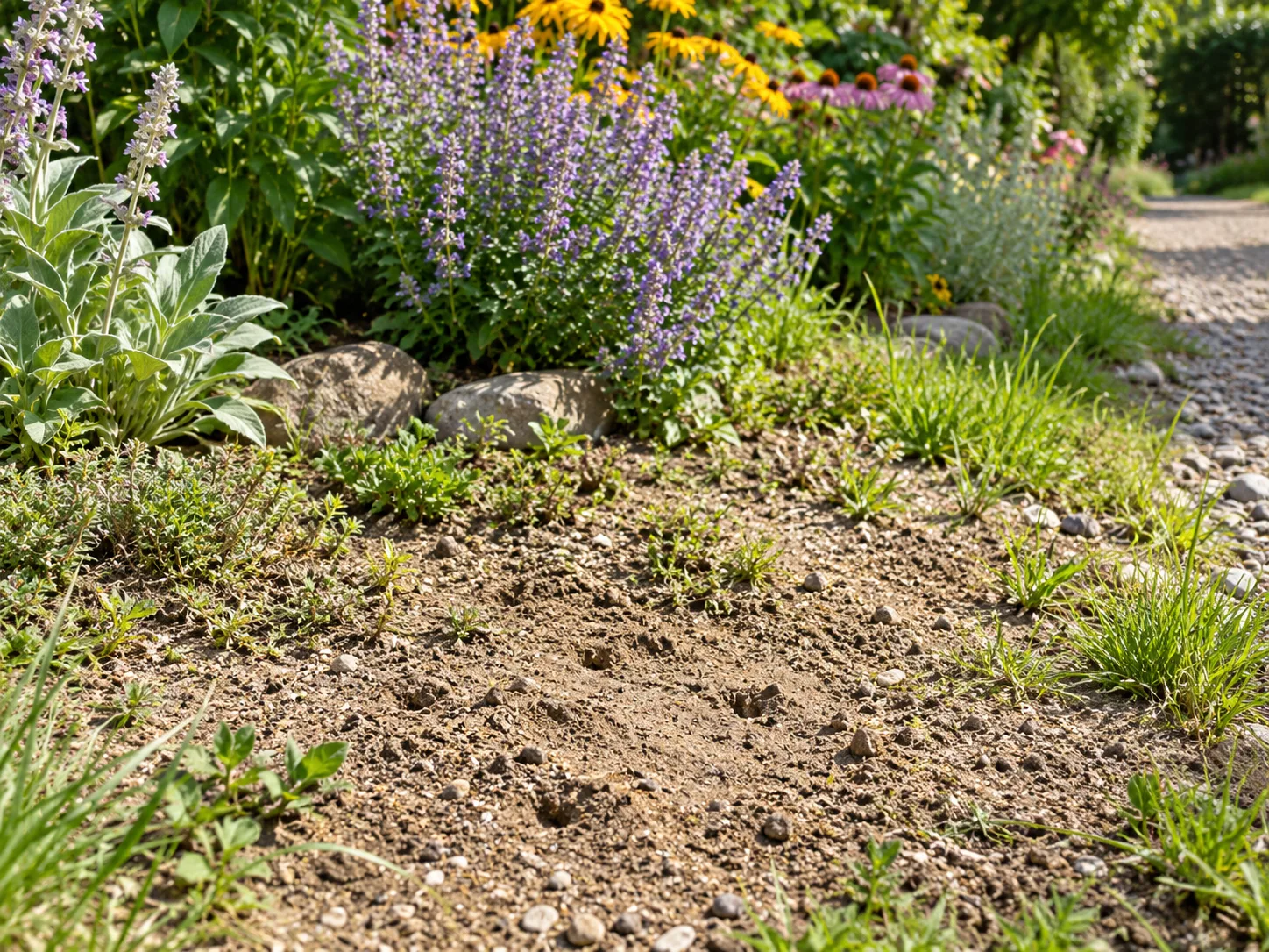 Sunlit open soil beside garden flowers and a path offers potential ground-nesting bee habitat