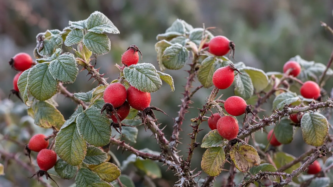 Ripe red and orange rose hips clustered on thorny rose stems in a late-autumn garden