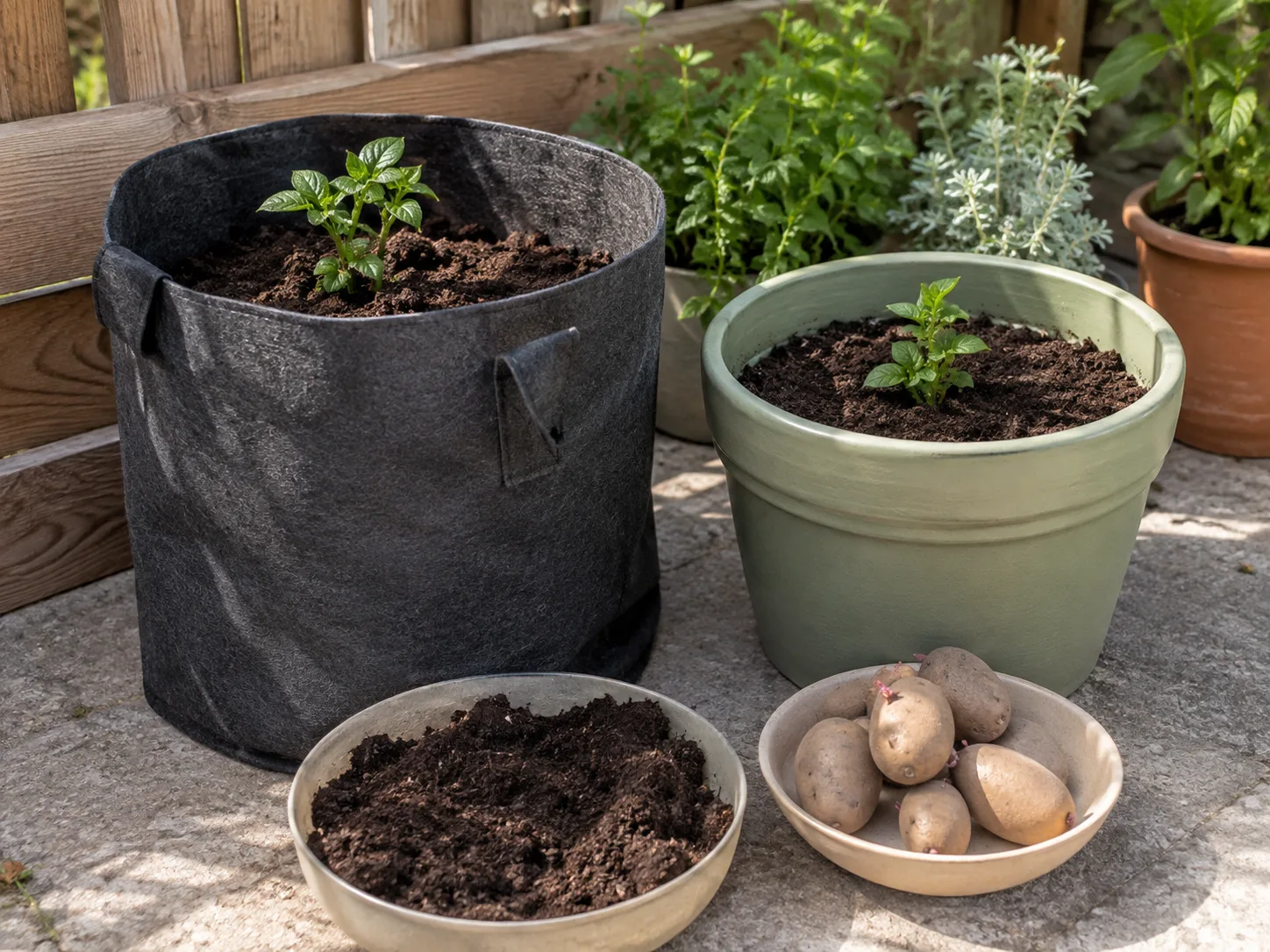 Potato plants growing in a partly filled fabric grow bag and container
